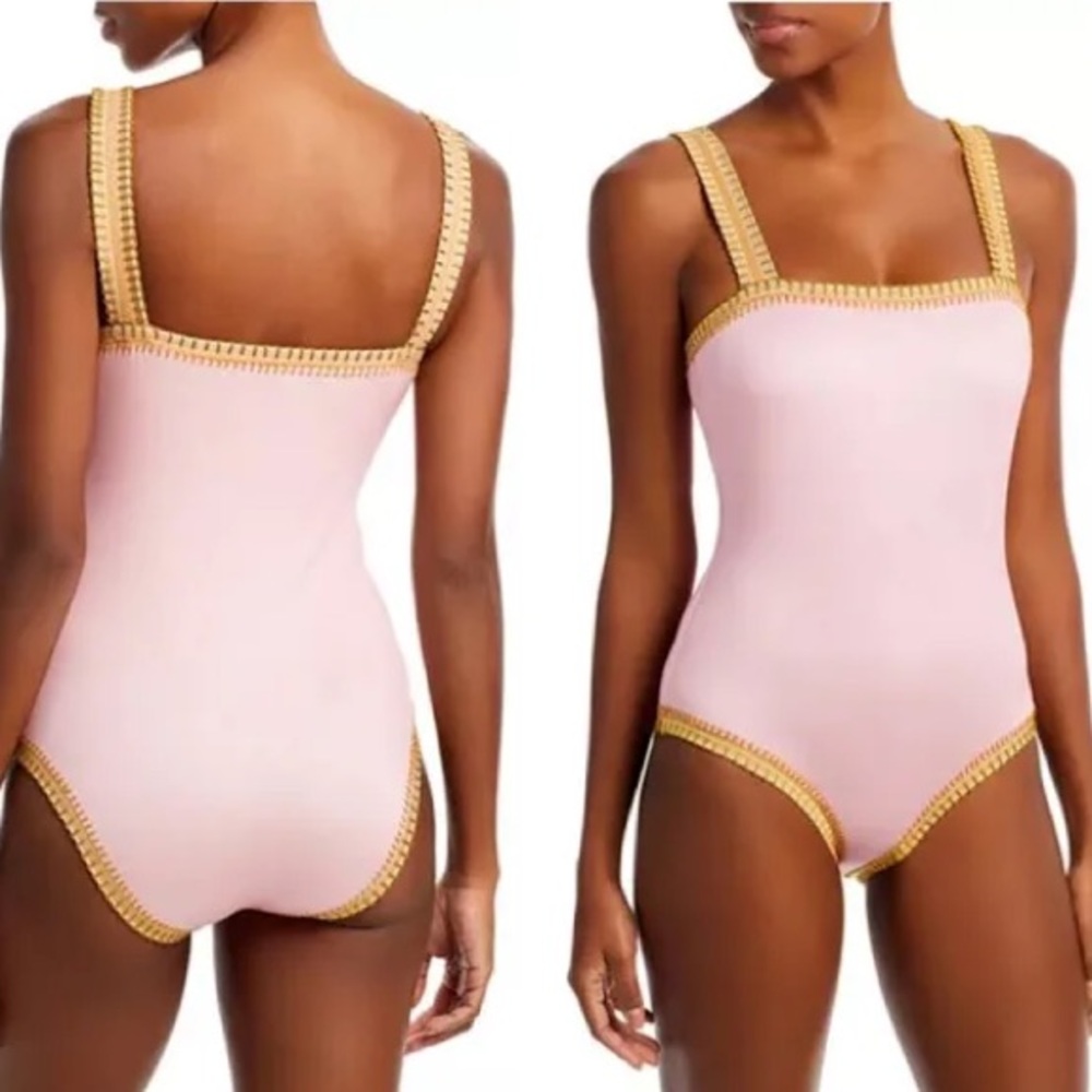 PQ PINK Sands Crochet Gold Trim Square neck One-Piece Swimsuit.